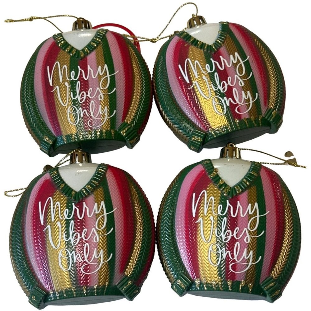 Set of 4 Packed Party Ugly Sweater Merry Vibes Plastic Tree Ornaments (NWT)